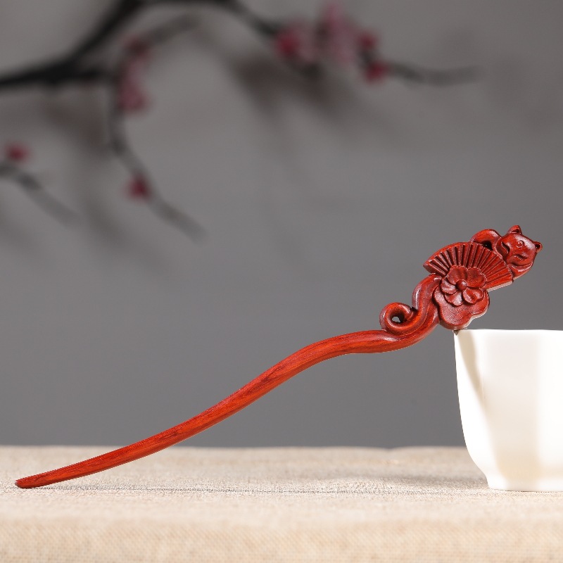 紫檀木手工发簪中国风古风礼盒送礼物复古狐狸簪子高级旗袍盘发钗