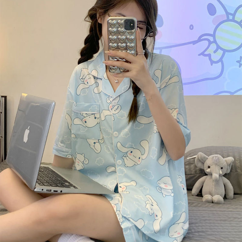 High Quality Imitation Cotton Japanese Cute Hello Kitty Cardigan Short Sleeve Student Pajamas Female Summer Sweet Beauty Ladies' Homewear