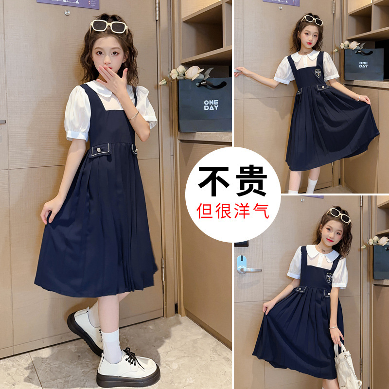 女童jk制服学院风裙子儿童夏装假两件洋气中大童英伦风衬衫连衣裙