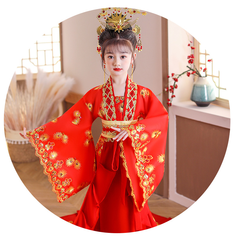 新款女童贵妃拖尾古装儿童汉服唐朝仙女古代公主裙舞台表演出服装