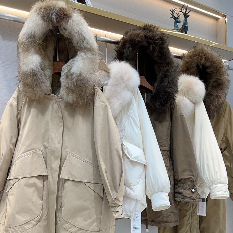 森马冬季撤柜狐狸毛领白鸭绒羽绒服女装加购中长款品牌外套女款