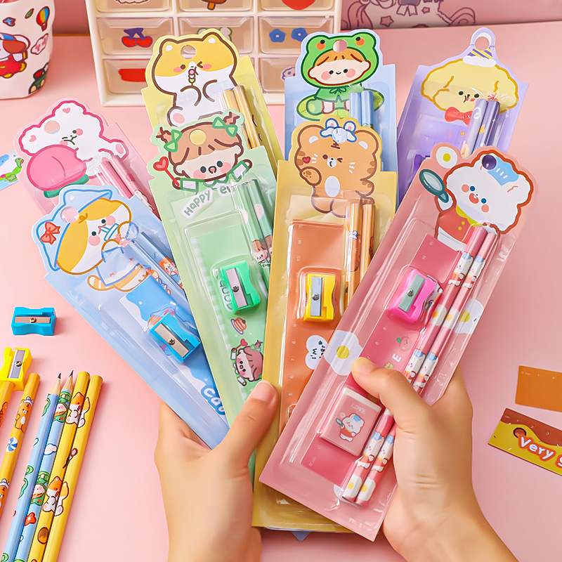 cartoon stationery set children cute pencil 5-piece set holiday gift kindergarten prizes wholesale school supplies