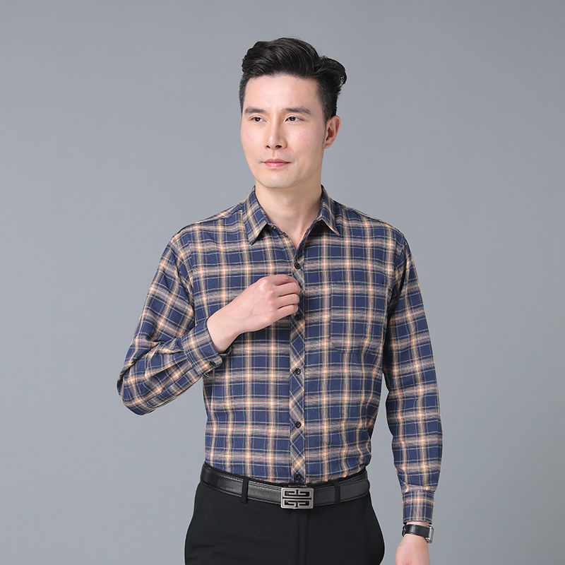 两件装中老年男士格子衬衫长袖衫商务休闲格子衬衣免烫爸爸装