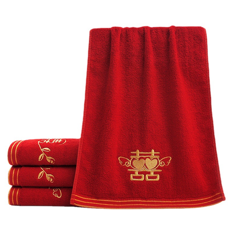 厂家批发现货竹纤维大红毛巾刺绣礼品毛巾结婚情侣创意毛巾120克