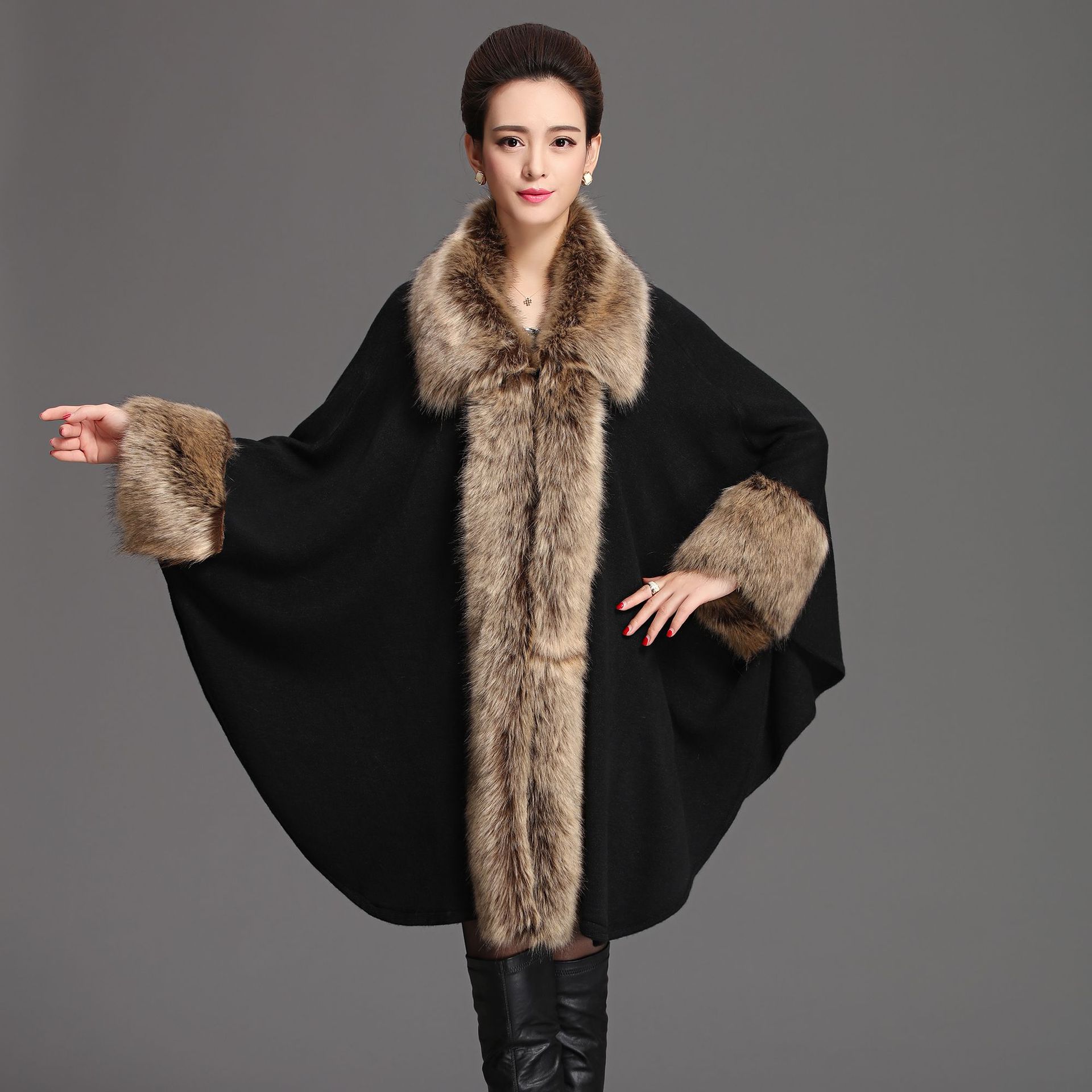 312#欧美秋冬仿貉子毛领披肩斗篷大翻领皮草女式大码披肩外套