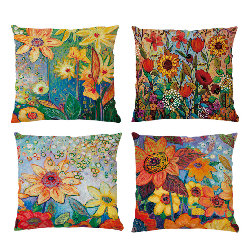 跨境夏季油画风向日葵抱枕套 亚麻印花装饰卧室客厅居家靠垫枕套