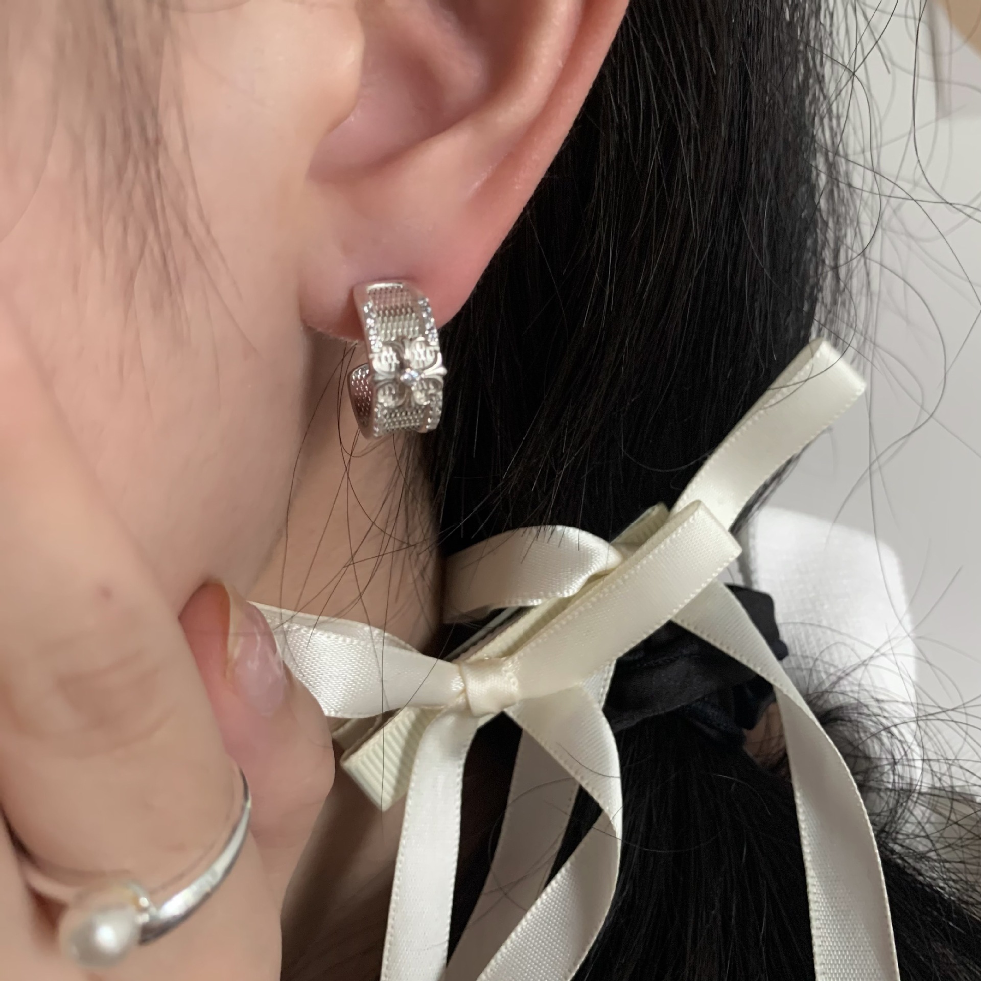 通体925纯银酷复古港风耳环女十字架银色克罗心耳圈情侣简约耳饰