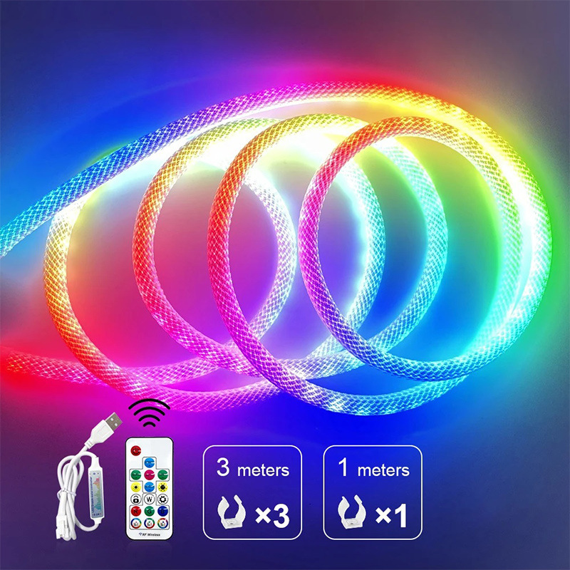 360度发光霓虹灯带led网纹rgb幻彩编织套装5v防水柔性流水霓虹管