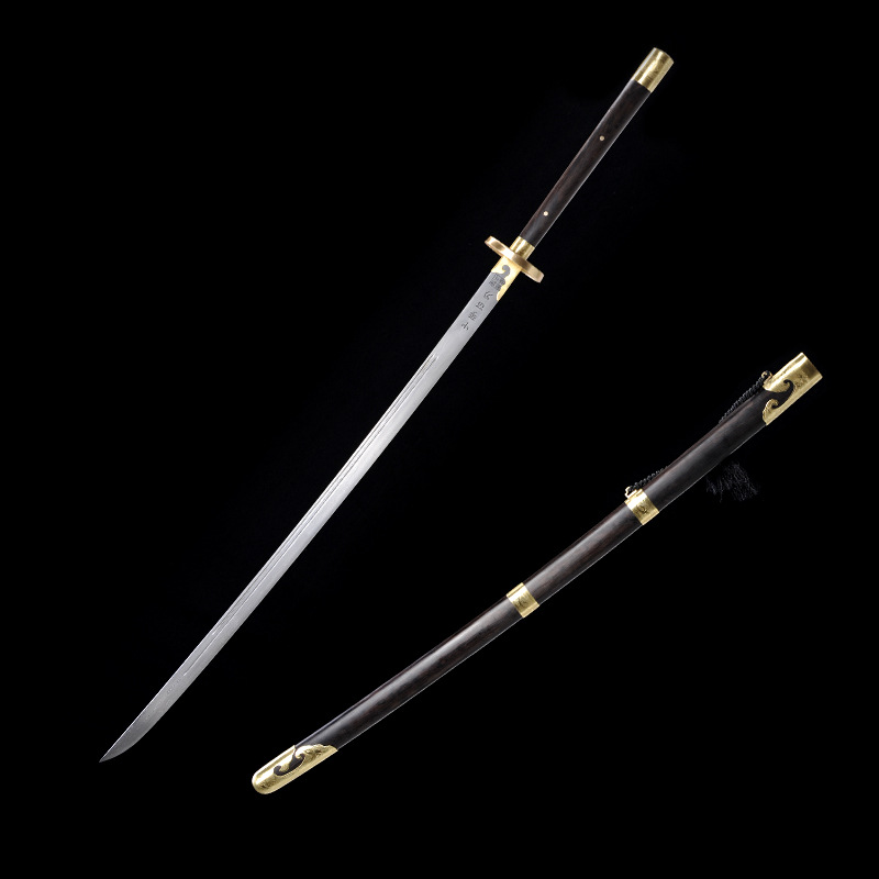 戚家刀花纹钢双手武术表演刀黑檀木包铜刻花少林比赛苗剑未开刃
