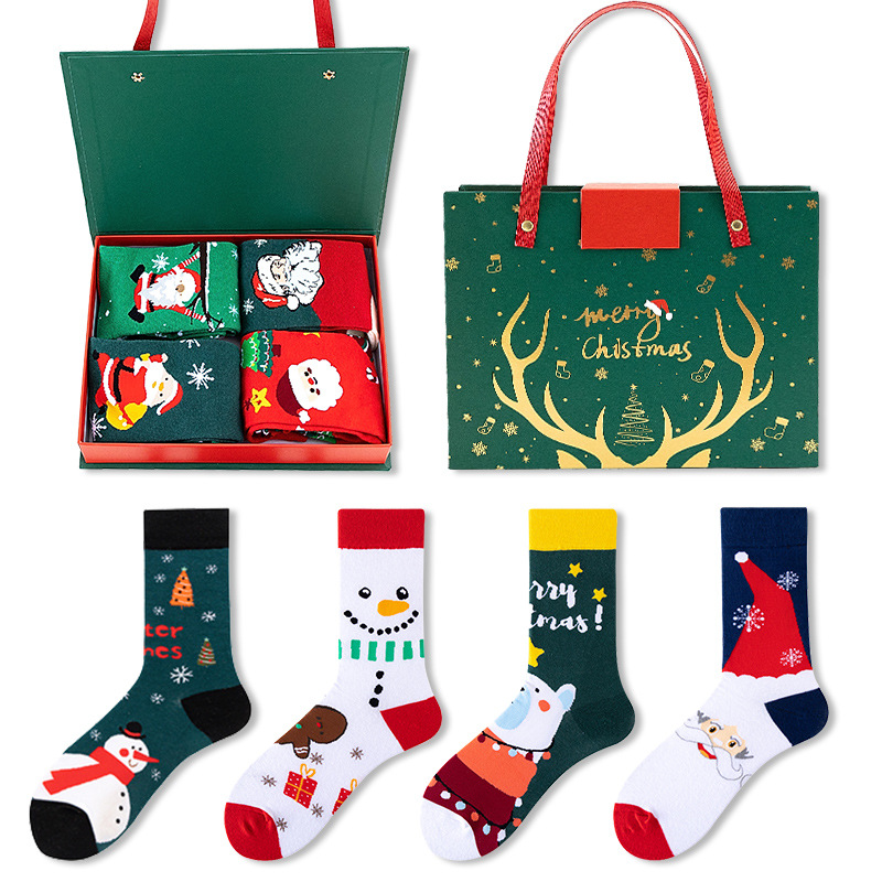 4 Pairs Christmas Stockings Gift Set Europe and America Cross Border Santa Claus Snowman Cartoon Cotton Socks Christmas Stockings Wholesale