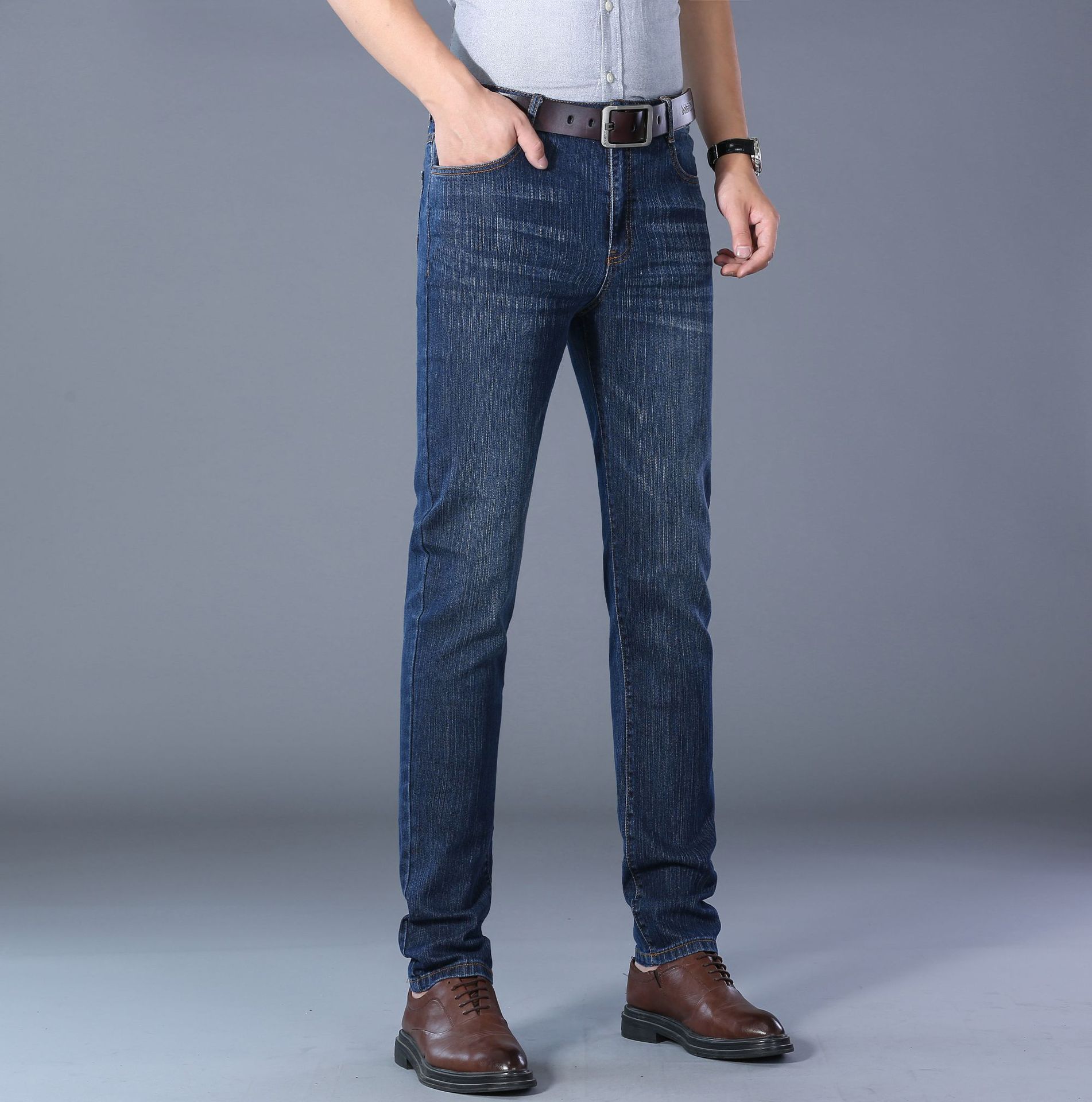 跨境夏季休闲牛仔裤男士中年商务高腰牛仔薄款长裤微弹直筒裤跨境