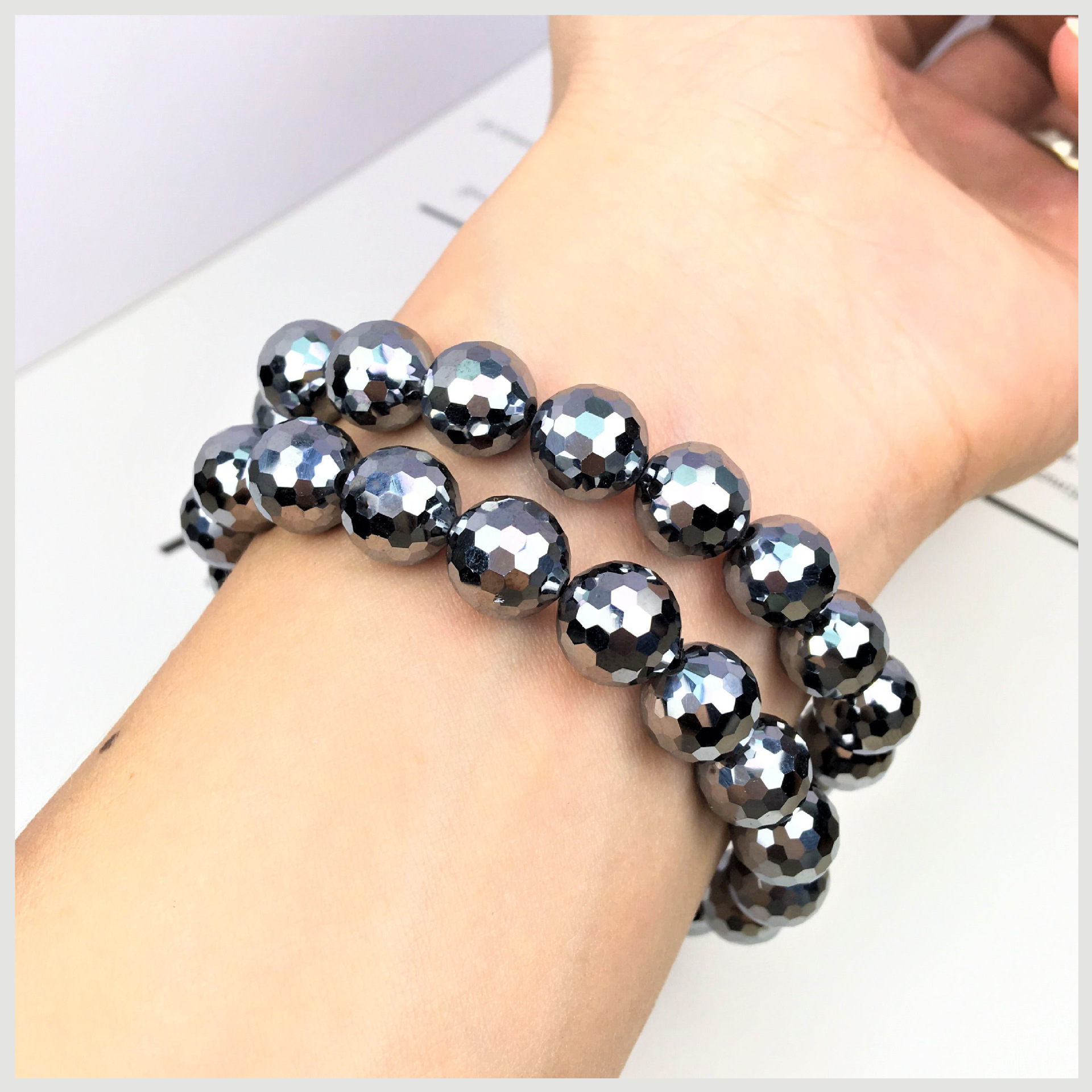 厂家直供天然能量石128太赫兹切面手链ins风男女款太赫兹手串跨境