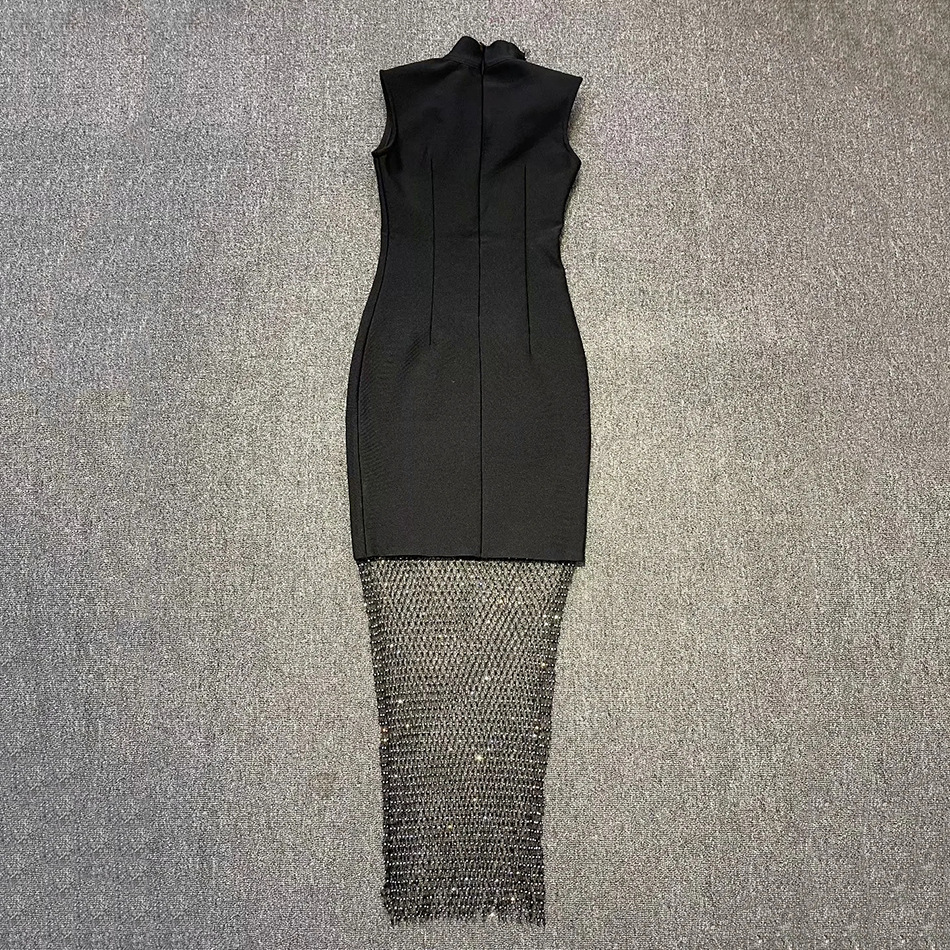 2021新欧美性感渔网钻名媛派对v领绷带修身黑连衣裙bandage dress