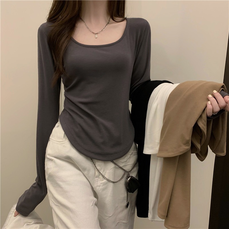 women‘s long-sleeved t-shirt autumn and winter new fashion ins irregular slim-fit student casual short top girl bottoming shirt