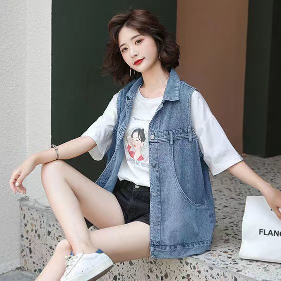 大口袋牛仔马甲女2022流行女装马甲宽松长款大码牛仔外套薄款背心