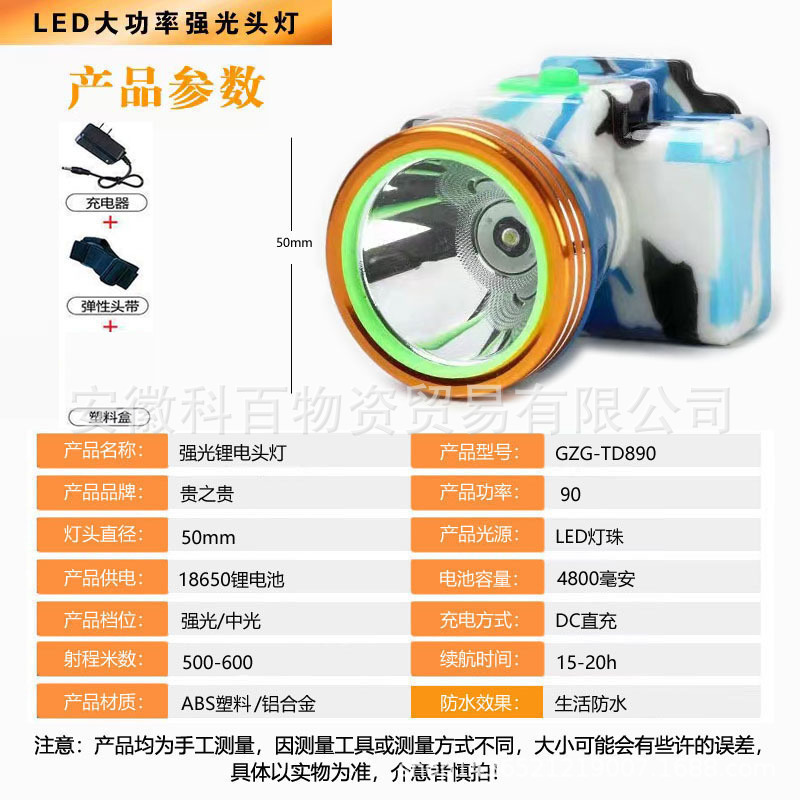 贵之贵830锂电头灯强光LED安全帽矿灯可充电长续航耐用户外家用