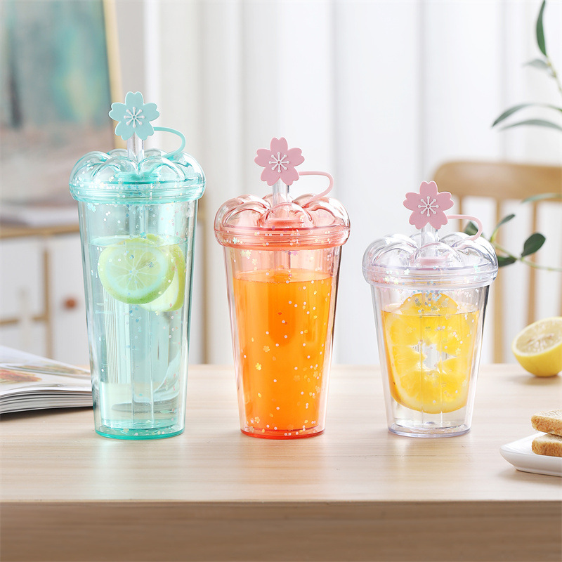 New Creative High-Looking Double-Layer Plastic Anti-Scald Milk Tea Cup with Straw Ins Girl Student Office Household Water Cup