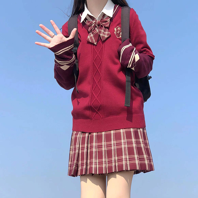 原创新年限定jk套装春节拜年过年红色假两件毛衣日系学院风全套