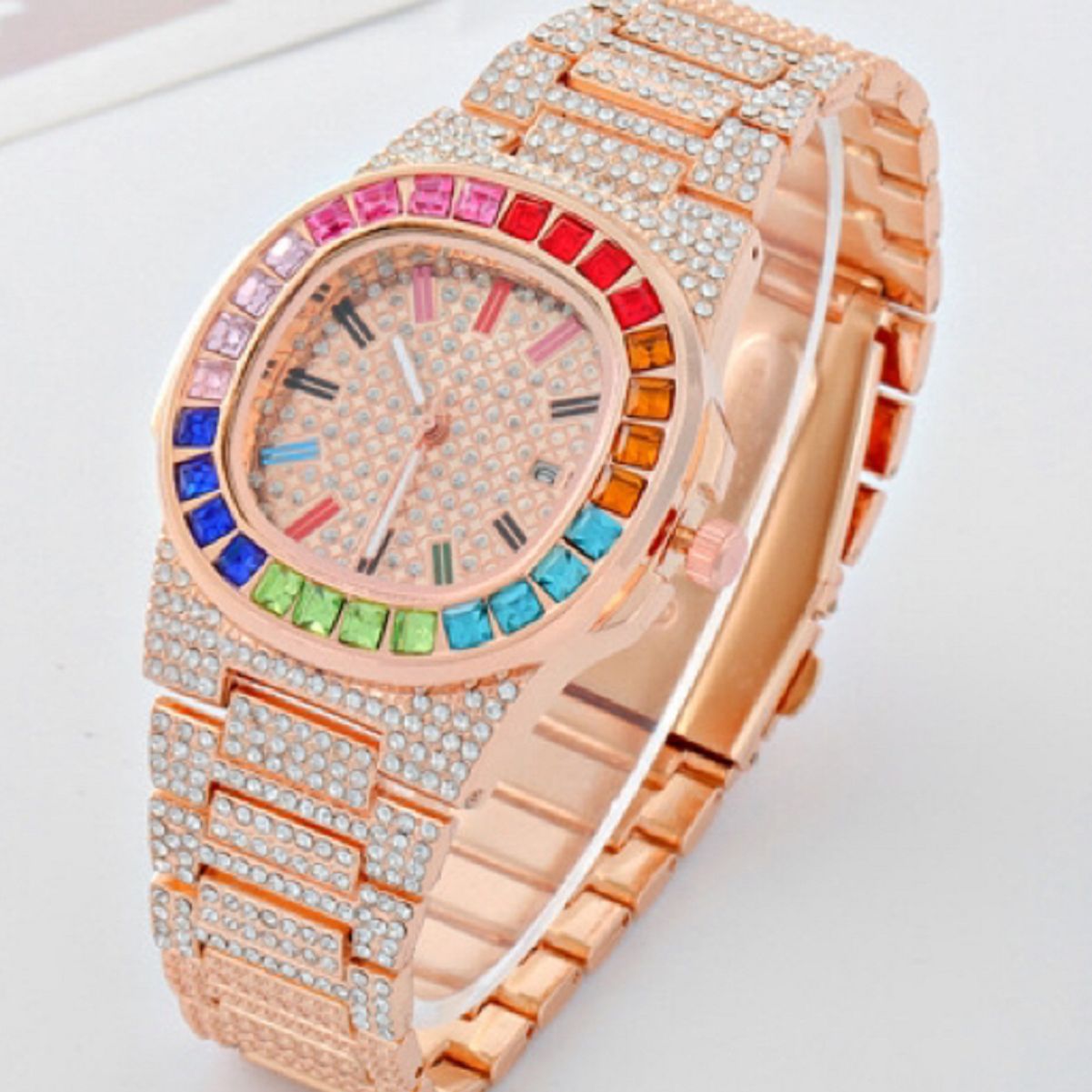 新品外贸跨境嘻哈彩钻日历满钻劳彩虹镶钻表盘钢带男士女士手表