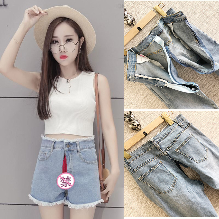 全拉链便利打野隐形开裆宽松战女牛仔裤短裤户外情侣约会开档热裤