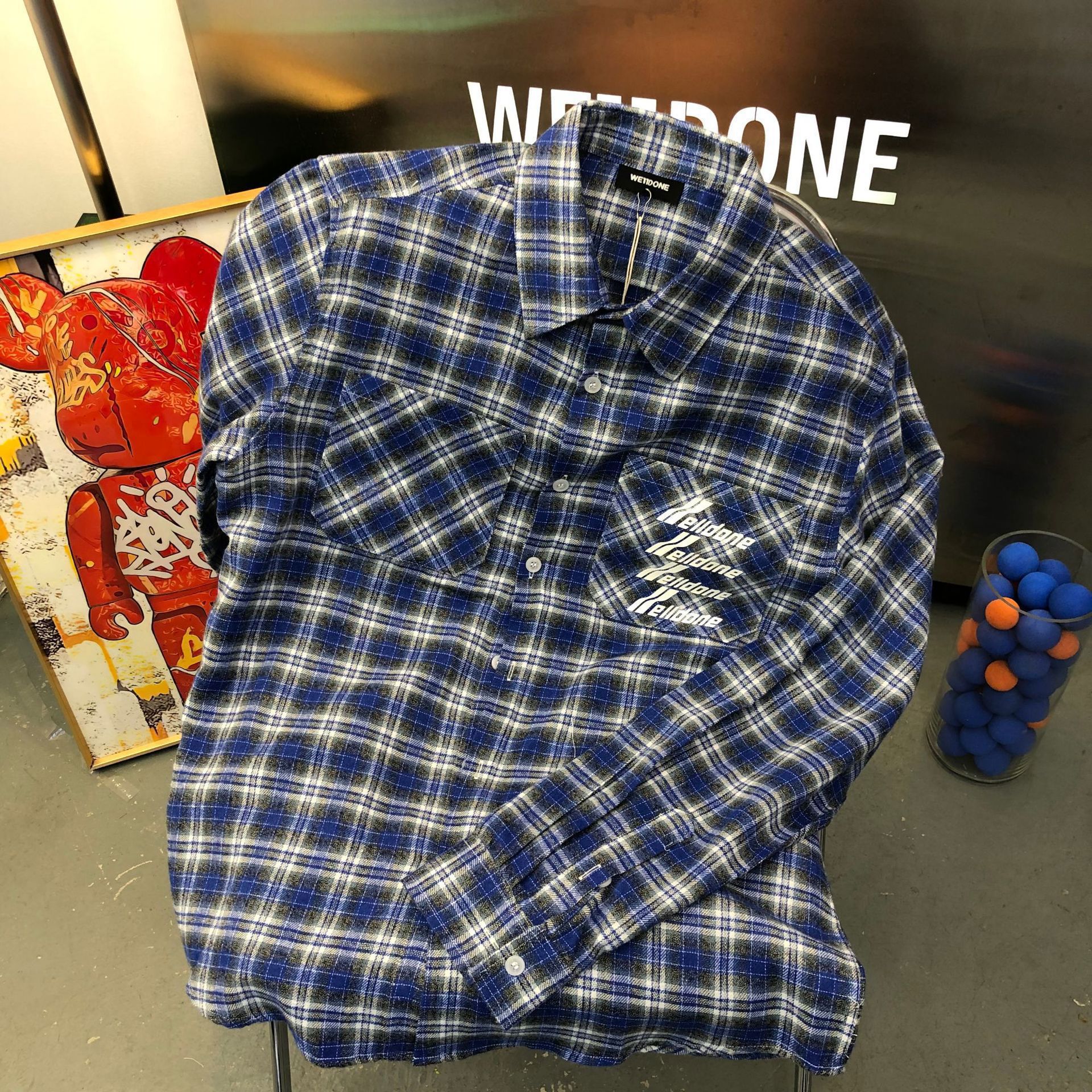 we11done硅胶无缝压花字母蓝格子长袖衬衫小众潮牌男女情侣款外套