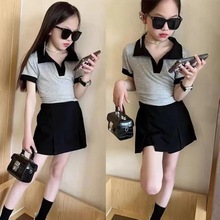 韩国女童夏装套装新款学生儿童套裙中大童洋气韩版POLO衫两件套装