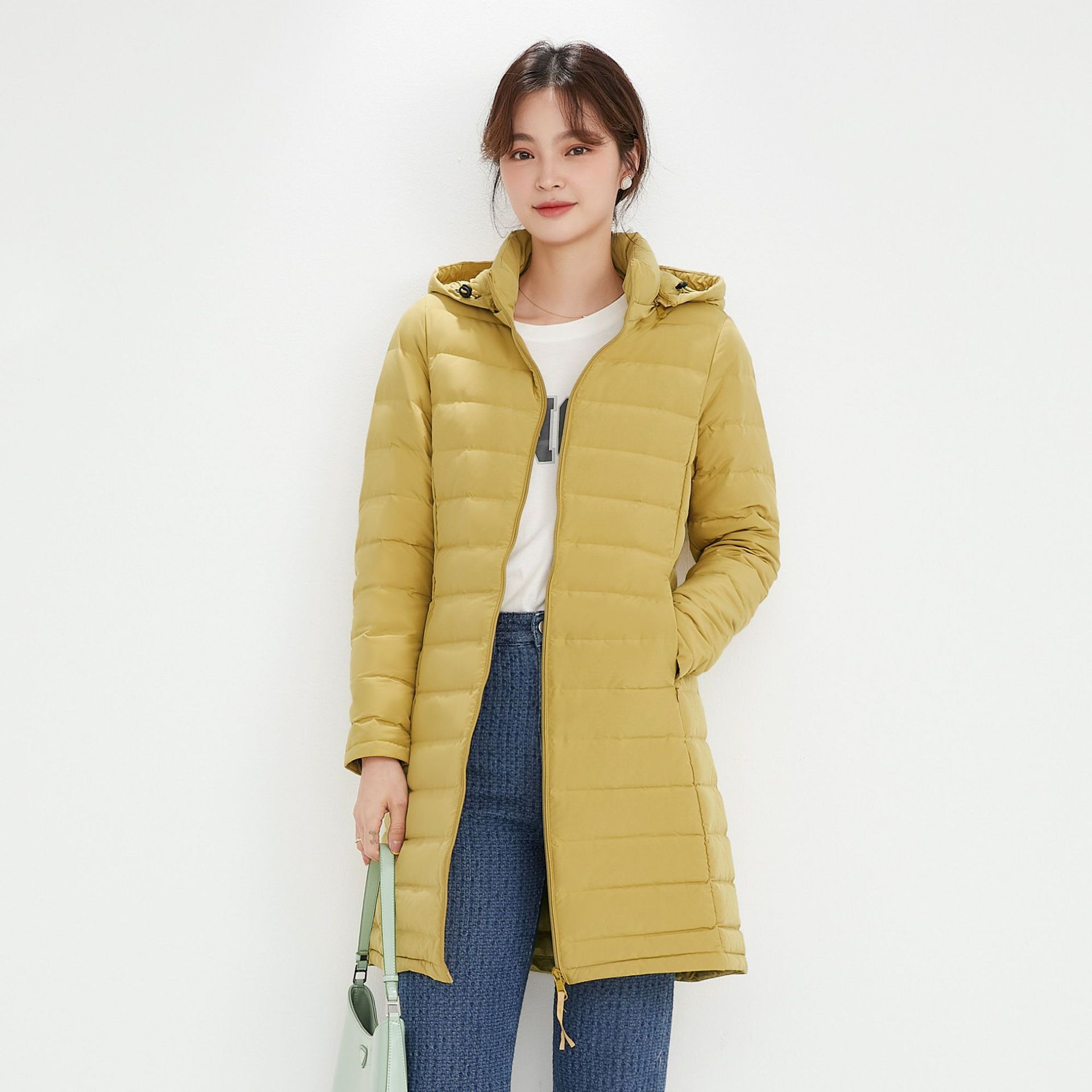 寒冬思羽2022女式90绒纯色女装连帽带帽无缝羽绒服中长款大码外套