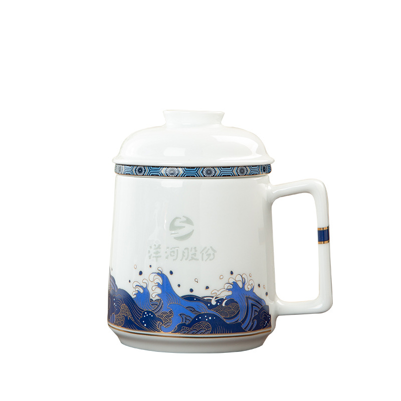 Jingdezhen Ceramic Cup Blue and White Household with Cover Strain Cup Chinese Ceramic Cup Gift Printed Logo