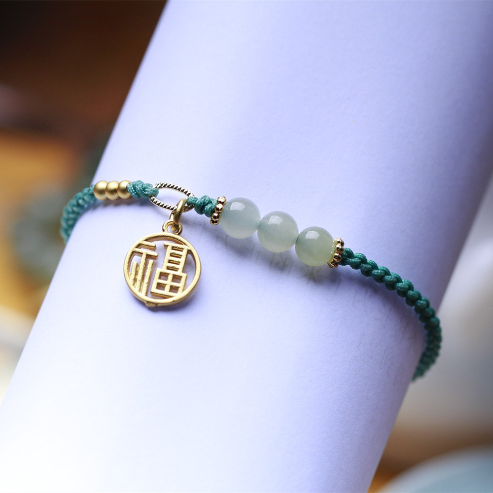 天然和田玉手编绳卡通兔藕片搭配晴水圆珠福牌女单圈手工编制手链