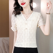 2023今年夏季新款甜美洋气蕾丝衫短袖上衣小众韩版修身显瘦小衫
