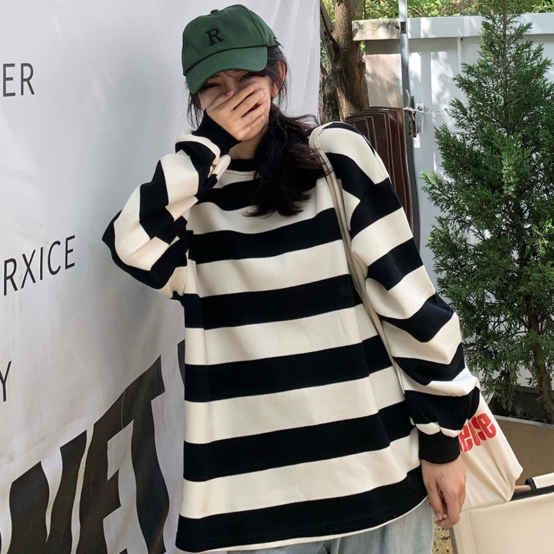 round Neck Sweater Women's Autumn and Winter Mid-Length Striped Sweater Couple round Neck Baggy Coat Trendy Thick Top Women