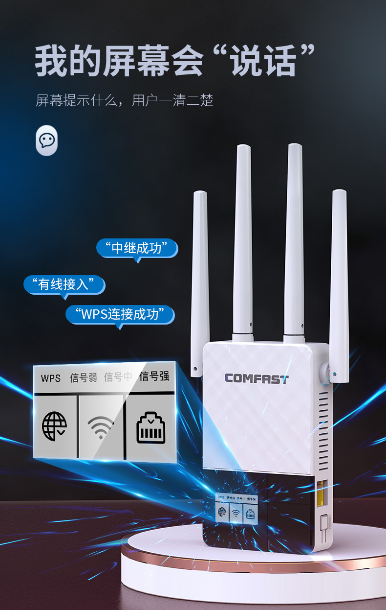comfast cf-wr760ac 显示屏无线网中继器wifi信号放大器1200m双频