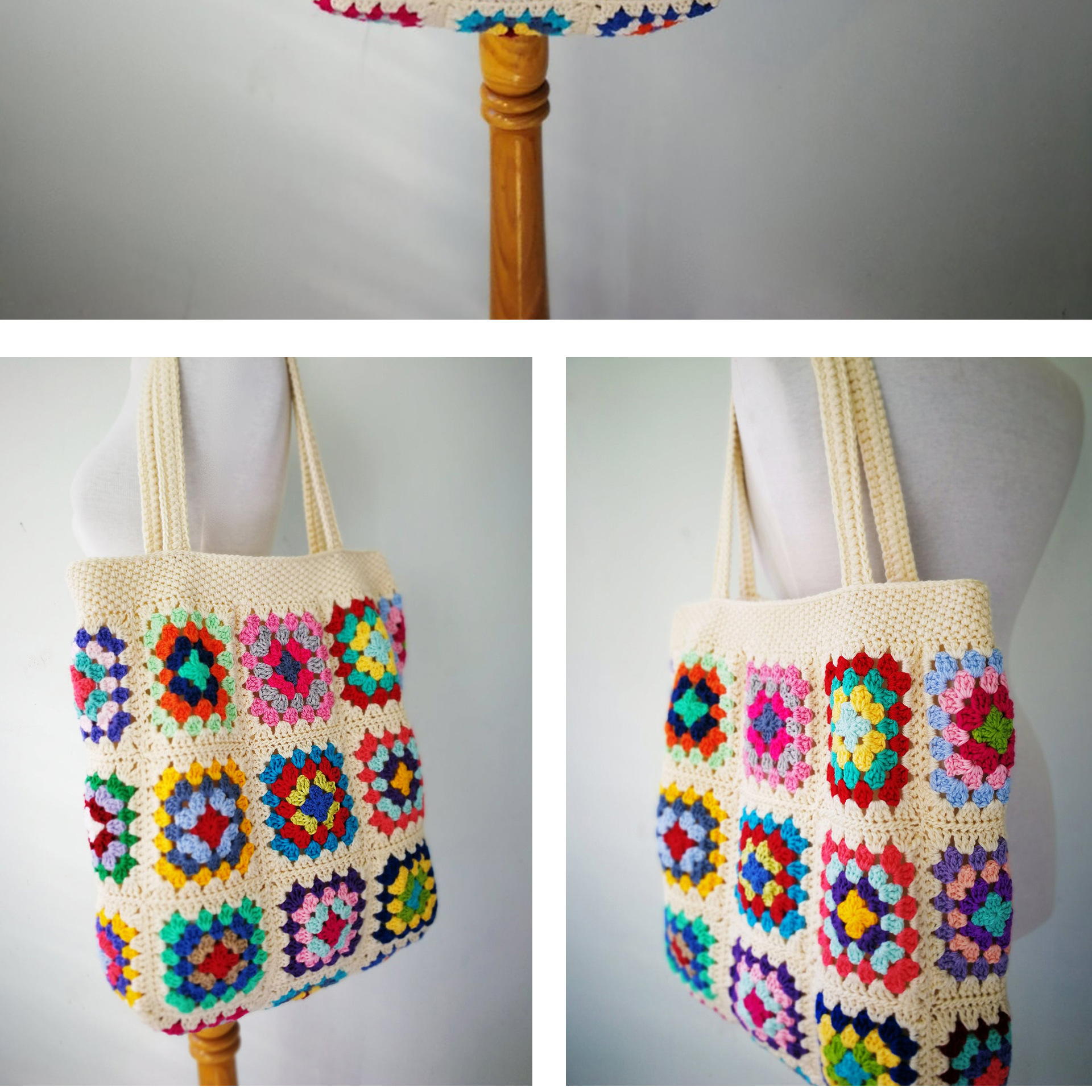 yunweny拼花钩针编织袋格兰尼方形袋钩针编织手提袋波西米亚女包