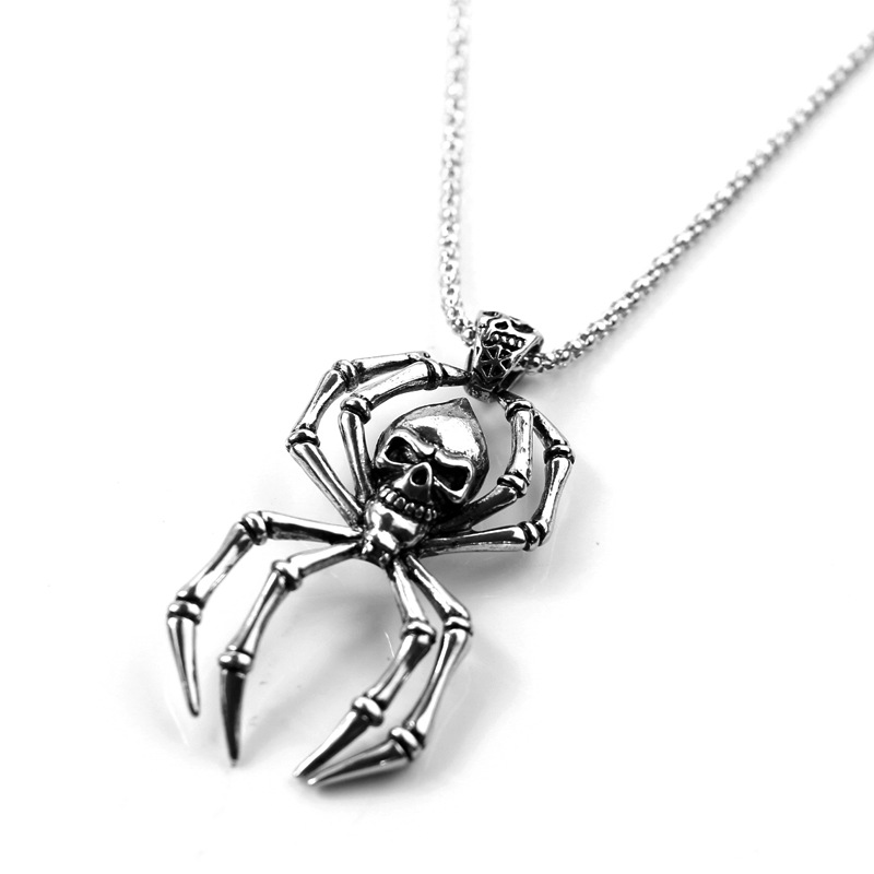 欧美钛钢骷髅头蜘蛛吊坠霸气个性男士 嘻哈项链 现货批发
