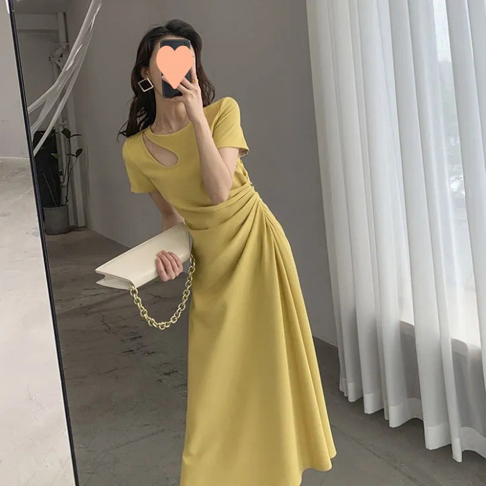 French Style Temperament Design Hollow-out Pleated Waist Tight Solid Color Dress Women's Summer 2023 Slimming Hepburn Long Dress