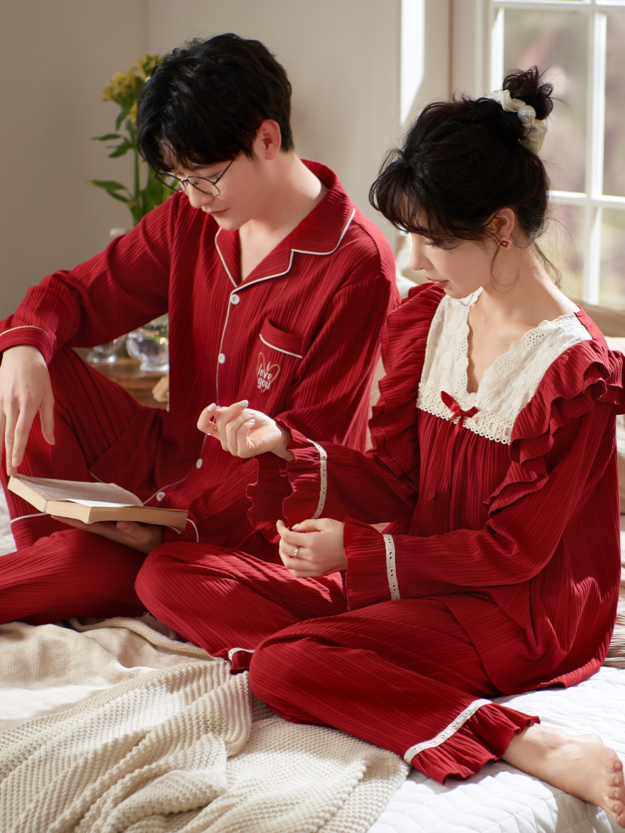 公主睡衣结婚新婚情侣套装纯棉长袖法式可外穿男女家居服春秋红色