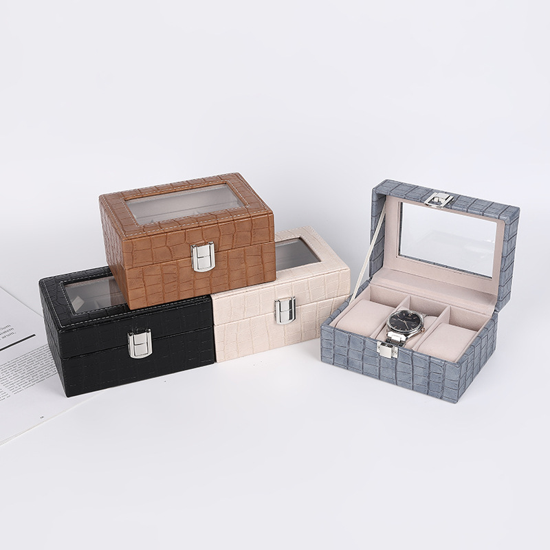 Korean Fashion PU Leather Lock Sealed Dustproof Jewelry Box Watch Ring Necklace Visual Three Grid Jewelry Box Wholesale