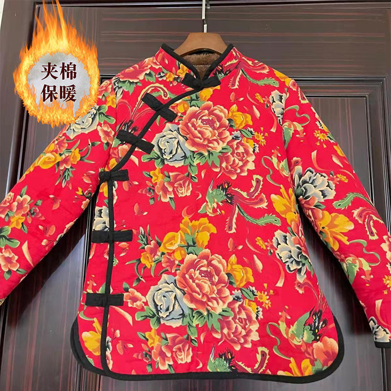 东北花棉袄老式民族风花布复古棉衣成人套装到50岁大花袄植绒民族