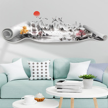 中国风壁纸自粘书房客厅沙发电视背景墙贴画中式山水画贴纸69008