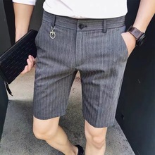 男士条纹五分裤韩版时尚短款西装裤休闲夏季青年薄款修身灰色短裤