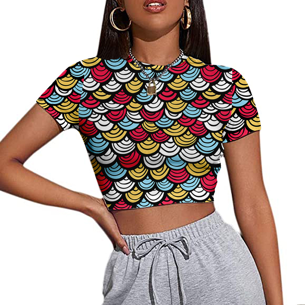 跨境新款女装鳞片图案印花欧美修身款短袖露脐t恤