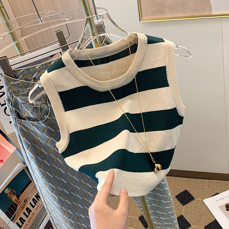 Hot Girl Outer Wear Short American Camisole Women's 2023 Summer New Striped round Neck Slim Sleeveless Knitted T-shirt