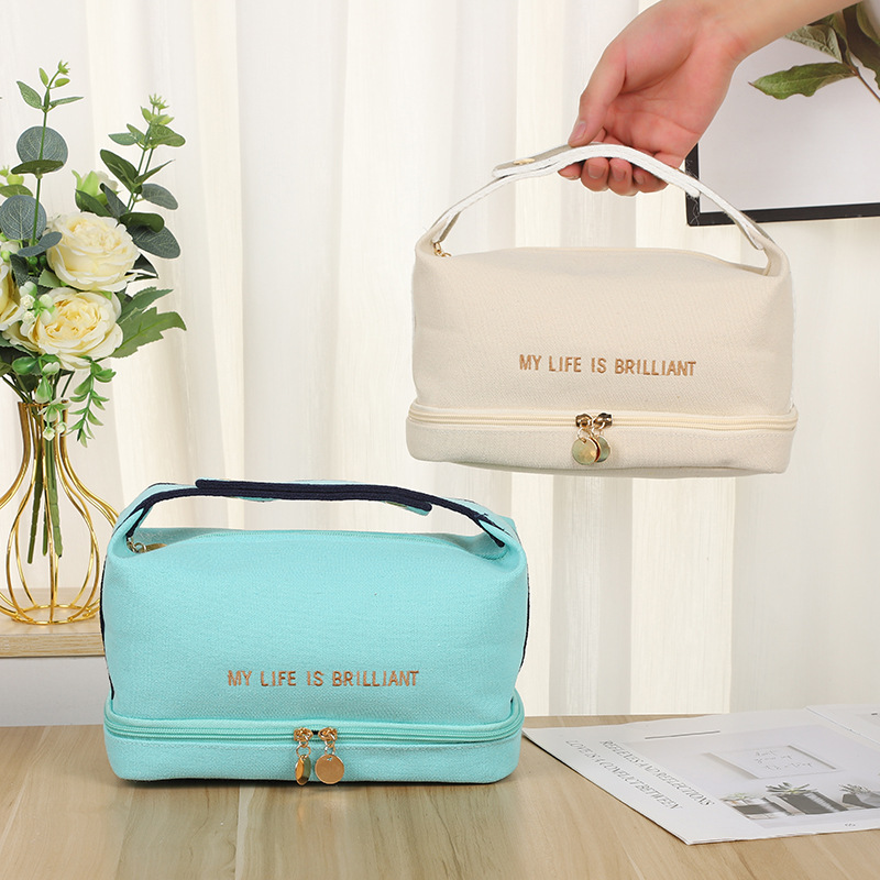 Double-Layer Canvas Cosmetic Bag New Ins Style Handbag Simple Travel Storage Bag Portable Wash Bag in Stock