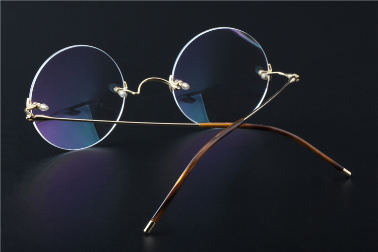 18k金眼镜架 无框圆框私人黄金眼镜框 商务近视眼镜男