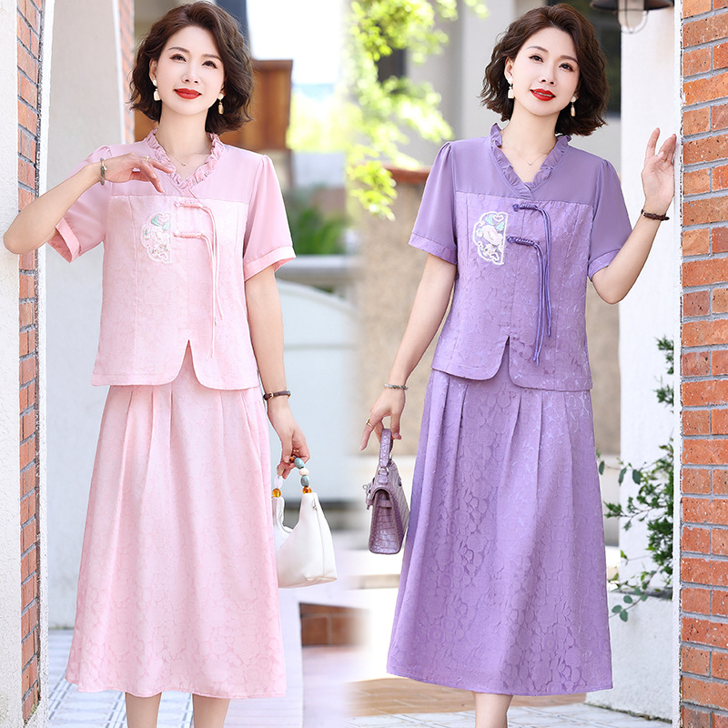 妈妈装新中式国风裙子套装气质2024中年女新款夏季时尚短袖两件套