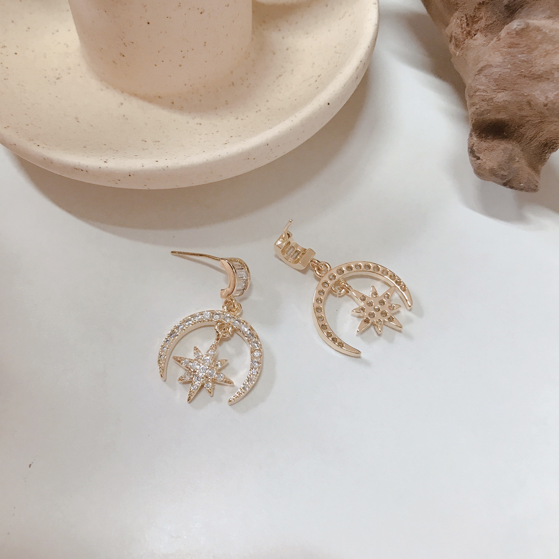 Star Moon Zircon Inlaid Earrings Gold Plated Sterling Silver Needle Temperament Wild Eight Awn Star Earrings Wholesale