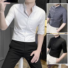 高端条纹衬衫男短袖夏季薄款冰丝寸衫商务休闲高级感七分中袖衬衣