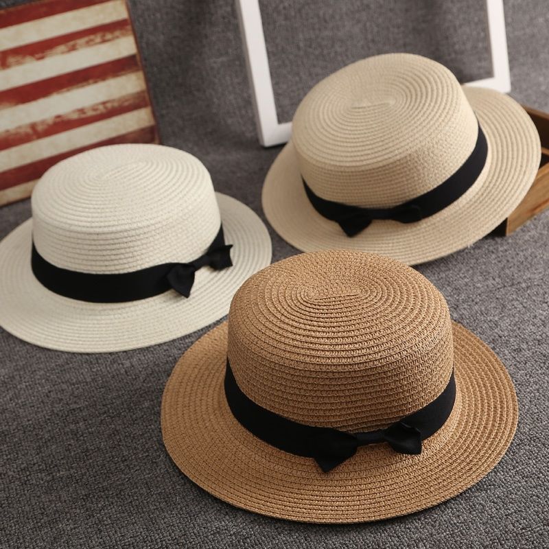 New Hat Women's Summer Sun-Shade Beach Hat Simple Sun Protection Hat Flat Top British Fresh Bowler Hat