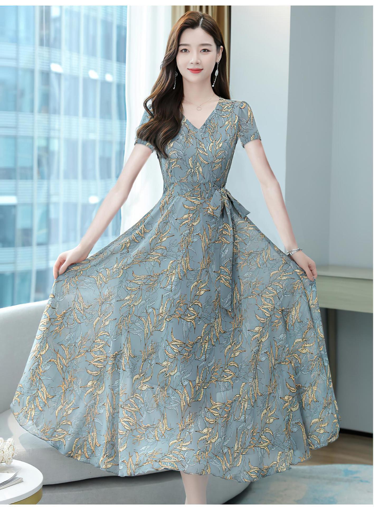 韩版新款大摆连衣裙女中长款显瘦收腰中年人妈妈装中长裙-阿里巴巴