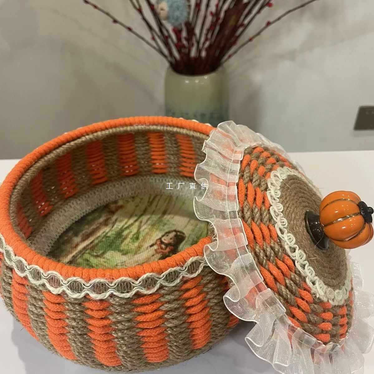 麻绳手工收纳盒带盖成品大号杂物饰品储物盒南瓜桌面编织收纳篮筐